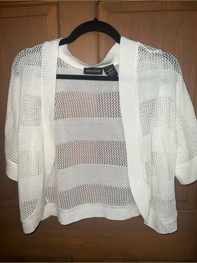 Nina Leonard Cream Open-Weave Short Sleeve Cardigan